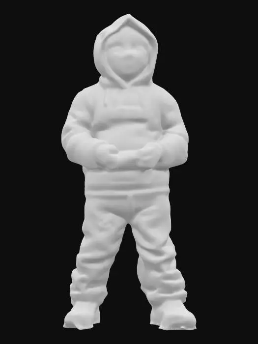 3D model for a typical green humanoid alien wearing oversized hoodie and pants and chunky skater shoes, holding an xbox one controller and standing A-pose