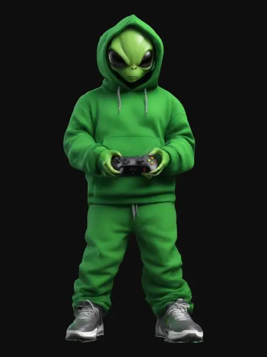 3D model for a typical green humanoid alien wearing oversized hoodie and pants and chunky skater shoes, holding an xbox one controller and standing A-pose