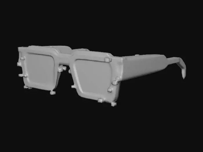 3D model for Create a low-poly Roblox UGC Limited sunglasses accessory with a glitched digital style.

Shape: clean, stylized shades with a bold rectangular or angular frame that fits Roblox avatar faces.

Design detail: add small floating glitch fragments or cubes around the lenses and edges, giving the illusion of a digital distortion effect.

Material: flat stylized shading — no photorealism. Use solid colors (black, dark gray, or neon highlights).

Lenses: slightly transparent with subtle pixelated patterns or streaks to enhance the glitch effect.

Style: Roblox-inspired, bold, low-poly geometry with clean lines.

Final result: trendy “Glitched Shades” UGC Limited — futuristic, collectible, and Roblox-ready.
