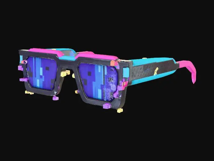 3D model for Create a low-poly Roblox UGC Limited sunglasses accessory with a glitched digital style.

Shape: clean, stylized shades with a bold rectangular or angular frame that fits Roblox avatar faces.

Design detail: add small floating glitch fragments or cubes around the lenses and edges, giving the illusion of a digital distortion effect.

Material: flat stylized shading — no photorealism. Use solid colors (black, dark gray, or neon highlights).

Lenses: slightly transparent with subtle pixelated patterns or streaks to enhance the glitch effect.

Style: Roblox-inspired, bold, low-poly geometry with clean lines.

Final result: trendy “Glitched Shades” UGC Limited — futuristic, collectible, and Roblox-ready.
