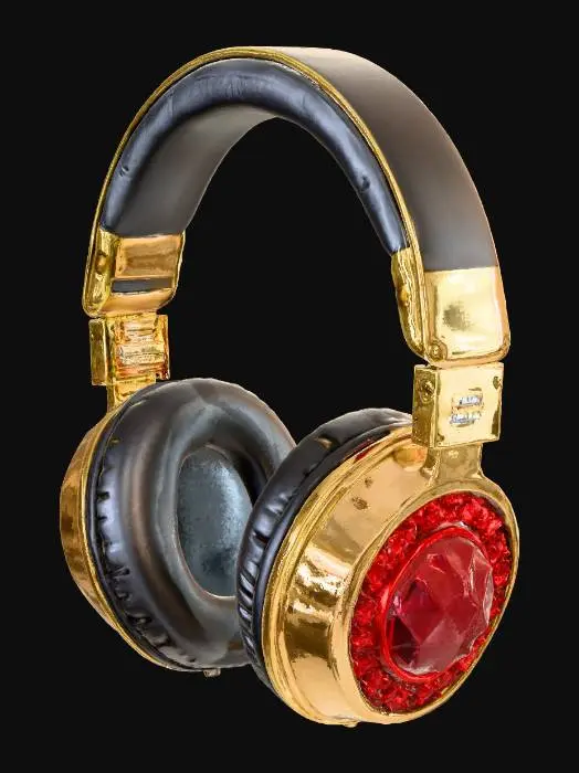 3D model for Create high-quality Roblox UGC Limited headphones with a luxury and stylish design. The headphones should feature a polished gold metal frame with reflective highlights and smooth curvature. Add embedded ruby gemstones along the earcups and headband, giving a premium jewel-encrusted look. The ruby should glow subtly with rich red tones, contrasting against the shiny gold.

Design style should be modern, sleek, and fashionable, with proportions that fit Roblox avatars comfortably. Make sure the materials look realistic but stylized to match Roblox’s UGC accessory aesthetic. Add small ornamental details such as engraved patterns or gemstone outlines for uniqueness.
