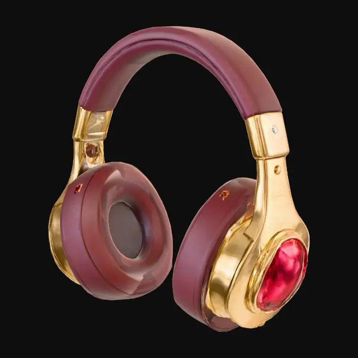 3D model for Create high-quality Roblox UGC Limited headphones with a luxury and stylish design. The headphones should feature a polished gold metal frame with reflective highlights and smooth curvature. Add embedded ruby gemstones along the earcups and headband, giving a premium jewel-encrusted look. The ruby should glow subtly with rich red tones, contrasting against the shiny gold.

Design style should be modern, sleek, and fashionable, with proportions that fit Roblox avatars comfortably. Make sure the materials look realistic but stylized to match Roblox’s UGC accessory aesthetic. Add small ornamental details such as engraved patterns or gemstone outlines for uniqueness.