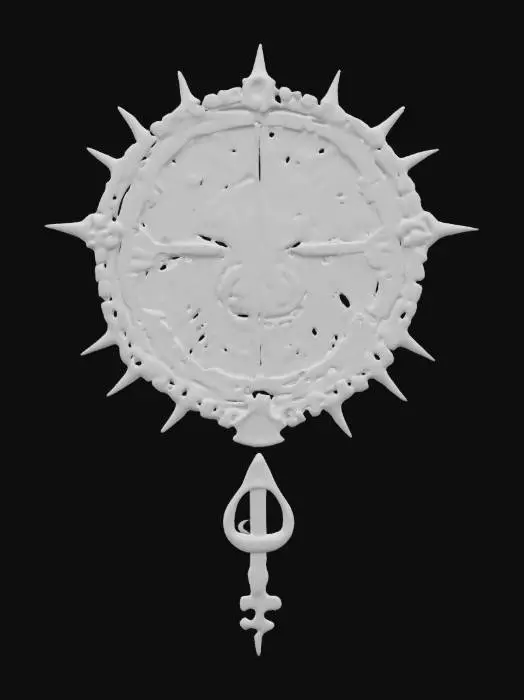 3D model for A blackened iron wall, covered in thick, rusted chains that rattle with unseen movement. Spikes jut out at odd angles, dripping with a dark, tar-like substance. Red-hot brands glow with unholy symbols, and deep cracks in the metal reveal an eerie crimson light emanating from within. The wall moans as if alive, the tortured echoes of souls trapped inside the iron, forever imprisoned in endless suffering.