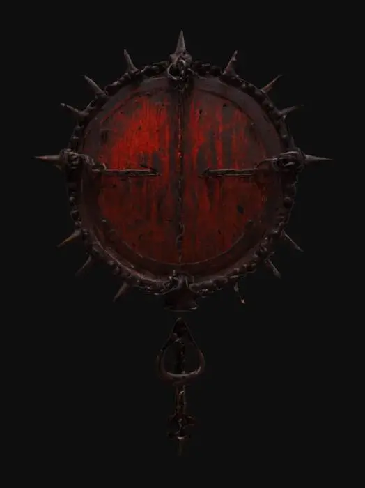 3D model for A blackened iron wall, covered in thick, rusted chains that rattle with unseen movement. Spikes jut out at odd angles, dripping with a dark, tar-like substance. Red-hot brands glow with unholy symbols, and deep cracks in the metal reveal an eerie crimson light emanating from within. The wall moans as if alive, the tortured echoes of souls trapped inside the iron, forever imprisoned in endless suffering.