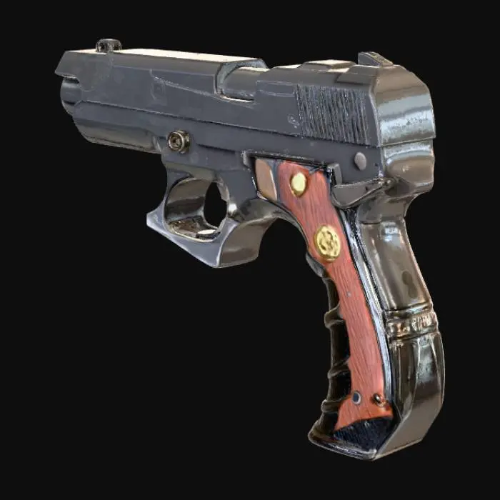 3D model for a hyper-realistic,high-resolution pistol of a classic 1911 pistol on a worm rain slicked