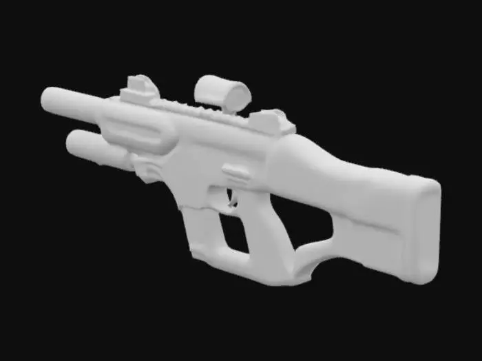 3D model for "A high-tech futuristic sci-fi assault rifle designed for elite space soldiers. The gun should have a sleek, metallic body with glowing neon blue and red energy lines running along the sides. It should feature advanced components like a holographic ammo counter, modular attachments (scope, energy bayonet, silencer), and a digital targeting system embedded into the top rail. The barrel should be slightly oversized with plasma venting ports. Use dark carbon fiber, brushed steel, and glowing elements for materials. Add a minimalistic alien insignia on the side. Make it look powerful, lightweight, and designed for zero-gravity combat. Style should be a mix of Halo, Destiny, and Cyberpunk 2077 aesthetics."