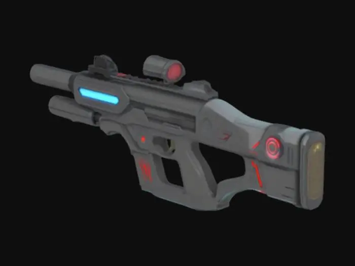 3D model for "A high-tech futuristic sci-fi assault rifle designed for elite space soldiers. The gun should have a sleek, metallic body with glowing neon blue and red energy lines running along the sides. It should feature advanced components like a holographic ammo counter, modular attachments (scope, energy bayonet, silencer), and a digital targeting system embedded into the top rail. The barrel should be slightly oversized with plasma venting ports. Use dark carbon fiber, brushed steel, and glowing elements for materials. Add a minimalistic alien insignia on the side. Make it look powerful, lightweight, and designed for zero-gravity combat. Style should be a mix of Halo, Destiny, and Cyberpunk 2077 aesthetics."