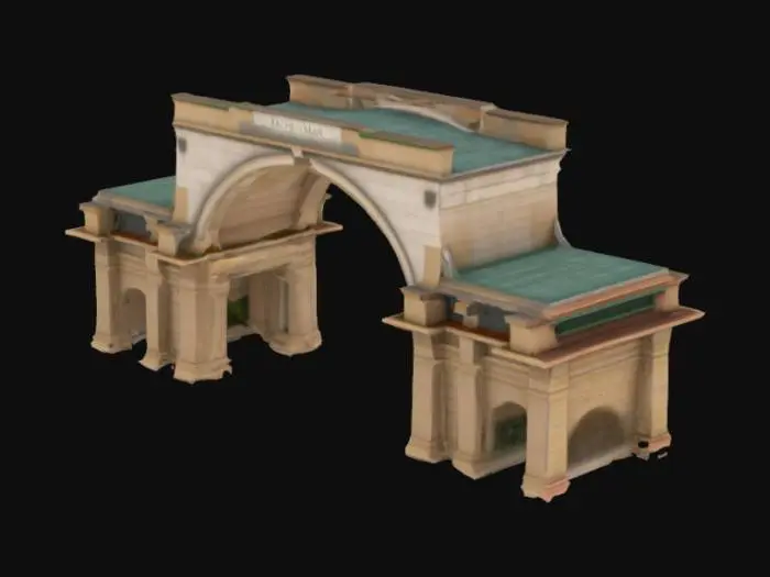 3D model for Design an architectural arch that combines the timeless elegance of Roman engineering with modern, sustainable principles. Incorporate traditional Roman elements like keystones and Roman concrete, while using futuristic materials and innovative techniques. Focus on balance, structural integrity, and aesthetic beauty, with features like green roofs, energy-efficient design, and adaptive materials. The arch should blend ancient grandeur with futuristic design elements, creating a harmonious, forward-thinking structure.