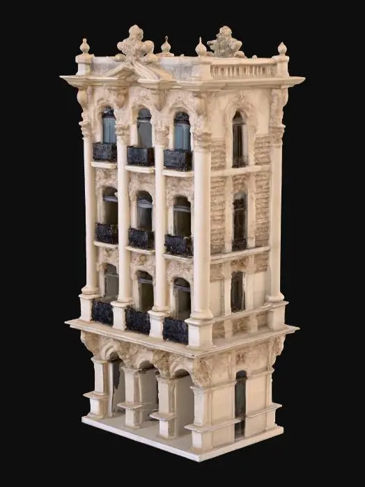 3D model for A highly ornate baroque facade, majestic and theatrical, crafted from light-colored, finely carved limestone with intricate scrollwork and floral motifs cascading across its surface. The structure stands seven storeys high, featuring four wide window bays, each adorned with elegant black wrought-iron balconies displaying delicate curlicues and filigree patterns. The stone exhibits a smooth, cool feel, contrasting with the slightly rough, metallic texture of the ironwork, and subtle variations in color from pale cream to soft ivory.