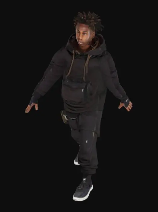 3D model for Young male parkour runner, age 19, lean athletic build, East African features, short dreadlocks tied back or under a hoodie. Wears a dark breathable hoodie, urban running pants with knee padding, utility belt, fingerless gloves, lightweight sneakers designed for grip. Streetwear meets real-world parkour gear. Facial expression: focused. No weapons. Realistic 2025 urban look. Character should be high quality and in an T-pose. Environment: neutral studio light, plain background for 3D modeling.