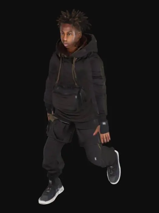 3D model for Young male parkour runner, age 19, lean athletic build, East African features, short dreadlocks tied back or under a hoodie. Wears a dark breathable hoodie, urban running pants with knee padding, utility belt, fingerless gloves, lightweight sneakers designed for grip. Streetwear meets real-world parkour gear. Facial expression: focused. No weapons. Realistic 2025 urban look. Character should be high quality and in an T-pose. Environment: neutral studio light, plain background for 3D modeling.