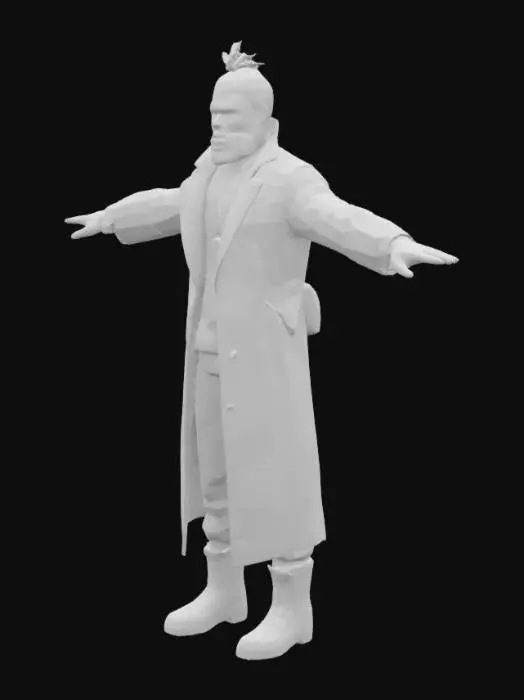 3D model for Elias “Gramp” Verno – The Lost Legend
Age: 58
Personality: Wise, intense, philosophical. Often cryptic, but deeply driven by purpose.
Appearance:
Weathered brown trench coat with reinforced elbows and knees
Layered thermal shirt, fingerless gloves, worn sneakers
Gray hair tied back in a short bun, trimmed salt-and-pepper beard
Messenger strap across chest with metallic badge engraved with phoenix icon
Scars visible on hands and forehead
Red whistle necklace — iconic item
Urban-tactical, practical runner’s build — lean but aged
T-Pose Description:
Arms stretched horizontally, palms facing downward
Neutral face, legs shoulder-width apart
Coat and straps hang naturally, modeled with cloth physics
Necklace rests on chest, belt gear centered,Shoulders relaxed, head upright