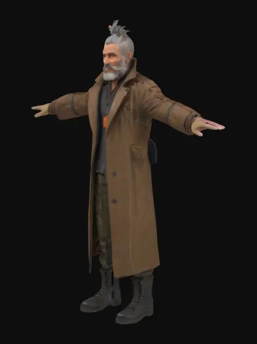 3D model for Elias “Gramp” Verno – The Lost Legend
Age: 58
Personality: Wise, intense, philosophical. Often cryptic, but deeply driven by purpose.
Appearance:
Weathered brown trench coat with reinforced elbows and knees
Layered thermal shirt, fingerless gloves, worn sneakers
Gray hair tied back in a short bun, trimmed salt-and-pepper beard
Messenger strap across chest with metallic badge engraved with phoenix icon
Scars visible on hands and forehead
Red whistle necklace — iconic item
Urban-tactical, practical runner’s build — lean but aged
T-Pose Description:
Arms stretched horizontally, palms facing downward
Neutral face, legs shoulder-width apart
Coat and straps hang naturally, modeled with cloth physics
Necklace rests on chest, belt gear centered,Shoulders relaxed, head upright