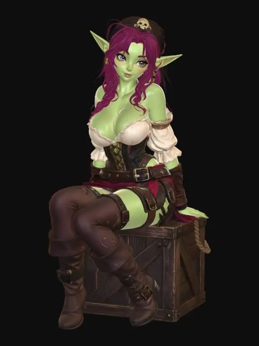 3D model for elf girl, green skin, cute face, large eyes, long pointed ears, buxom, pirate outfit, corset, sitting on wooden crate, cute pose, arched back, dark pink hair