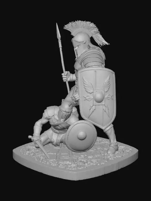 3D model for Due imponenti guerrieri in armature scure e pesantemente patinate. Il primo, eretto, indossa un elmo spartano con cresta rossa, occhi incandescenti rossi, e impugna una lancia affilata con uno scudo rettangolare scarlatto decorato con ali dorate. Il secondo, inginocchiato e muscoloso, porta un elmo gladiatorio perforato, una spada corta insanguinata e uno scudo rotondo. Entrambi presentano superfici metalliche scure, rugginose e corrose, con strisce di tessuto rosso scuro che aggiungono contrasto. L'aspetto complessivo è di forza e usura.