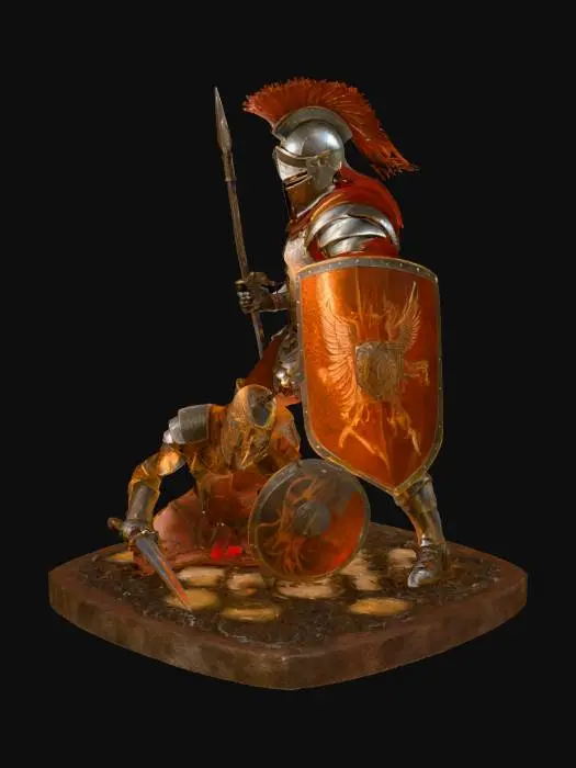 3D model for Due imponenti guerrieri in armature scure e pesantemente patinate. Il primo, eretto, indossa un elmo spartano con cresta rossa, occhi incandescenti rossi, e impugna una lancia affilata con uno scudo rettangolare scarlatto decorato con ali dorate. Il secondo, inginocchiato e muscoloso, porta un elmo gladiatorio perforato, una spada corta insanguinata e uno scudo rotondo. Entrambi presentano superfici metalliche scure, rugginose e corrose, con strisce di tessuto rosso scuro che aggiungono contrasto. L'aspetto complessivo è di forza e usura.