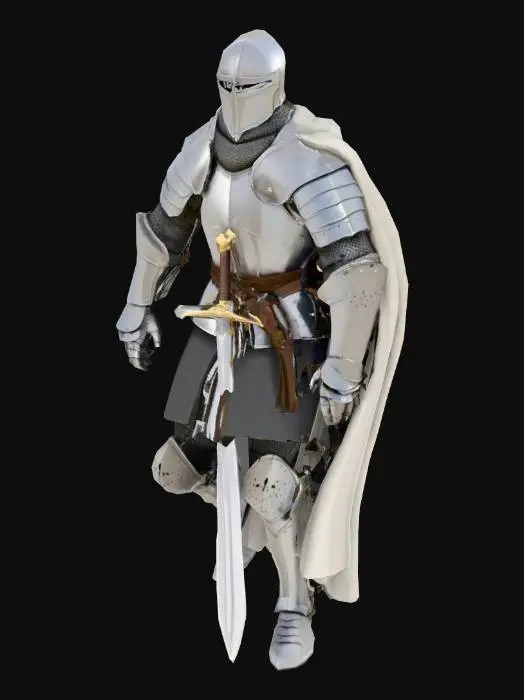 3D model for I would like a DnD character is a knight, with a helmet, and a sword. The base should be a cobblestone road.