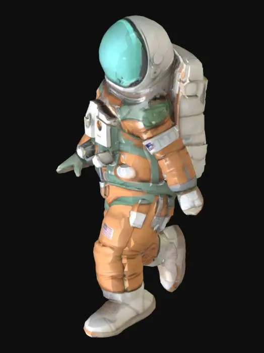 3D model for astronaut with reflective sphere for a helmet. The helmet should be a perfect fish bowl sphere, only glass, no other components. space suit with warm earthy tones, stocky build with realistic proportions, t pose for easier rigging, simple electronics in the space suit, big space boots