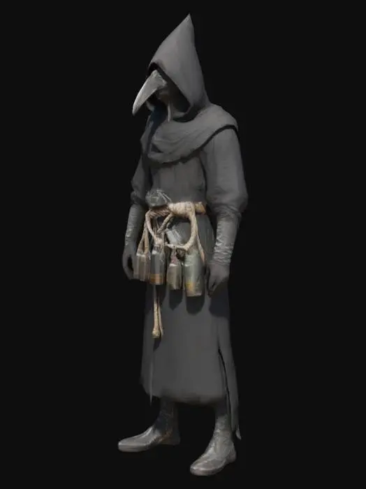 3D model for Plague doctor with the typical black pointy mask, a hood with a long pointy end, loose black robes and long fitting boots. Rope around the waist as a belt, and some potions and tools around the rope. Black gloves that are air-tight around the robe.