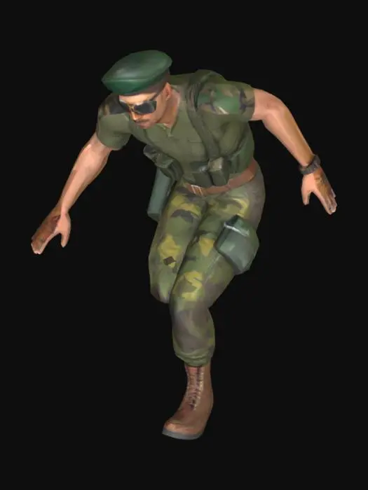 3D model for Soldier in green camo pants and shirt. Green beret hat and aviator glasses. High brown boots, green plastic water bottles on the hip. No weapons, t-pose.