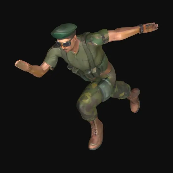 3D model for Soldier in green camo pants and shirt. Green beret hat and aviator glasses. High brown boots, green plastic water bottles on the hip. No weapons, t-pose.