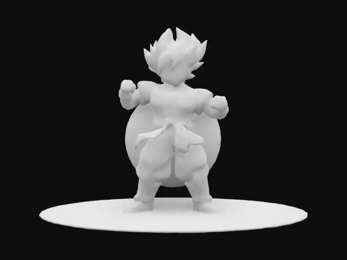 3D model for Create an image of a powerful fusion character, a blend of Goku and Vegeta from Dragon Ball Z, standing confidently within a translucent, hollow energy ball. The character features Goku's spiky hair and Vegeta's royal armor, with a dynamic pose that exudes strength. Surrounding them, crackling bolts of lightning illuminate the scene, striking the top of the energy ball and creating a dramatic aura. The color palette should include vibrant blues, electric yellows, and deep purples, enhancing the 