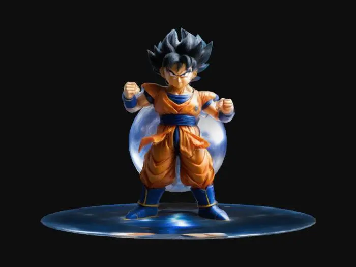 3D model for Create an image of a powerful fusion character, a blend of Goku and Vegeta from Dragon Ball Z, standing confidently within a translucent, hollow energy ball. The character features Goku's spiky hair and Vegeta's royal armor, with a dynamic pose that exudes strength. Surrounding them, crackling bolts of lightning illuminate the scene, striking the top of the energy ball and creating a dramatic aura. The color palette should include vibrant blues, electric yellows, and deep purples, enhancing the 