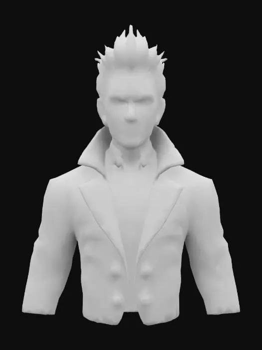 3D model for Spike (James Marsters) from the TV series Buffy, vampire features, serious stylized face, black leather overcoat, short platinum brown slicked back hair, green eyes, high resolution model and extreme texturing details