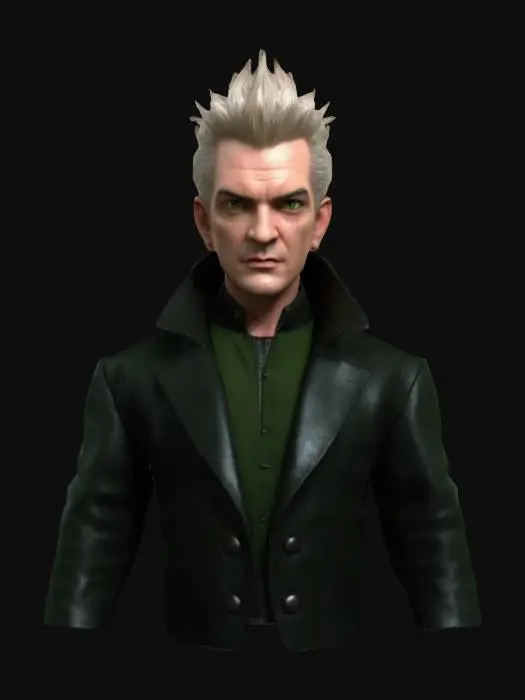 3D model for Spike (James Marsters) from the TV series Buffy, vampire features, serious stylized face, black leather overcoat, short platinum brown slicked back hair, green eyes, high resolution model and extreme texturing details