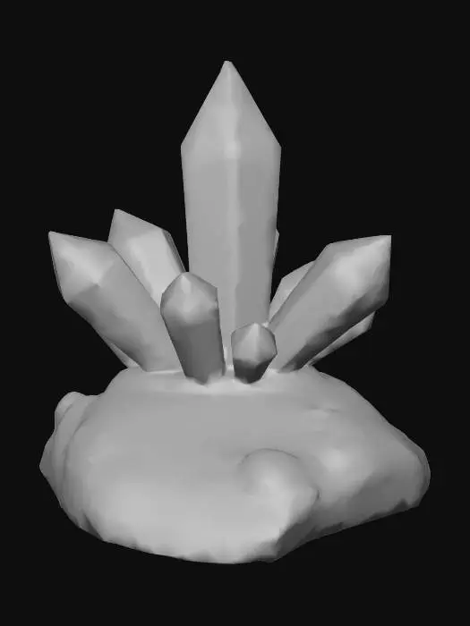 3D model for "a stylized fantasy crystal ore cluster emerging from rock, glowing softly, game-ready 3D render, detailed geometry, colored reflections, ambient rimlight, isolated on neutral background, photorealistic lighting, stylized like Roblox resource node"