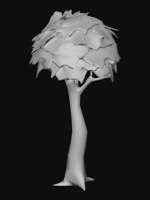 3D model for A grand 3D render of a Tessellation Bark Tree, with a dark charcoal trunk and branches entirely covered in seamlessly interlocking geometric tile patterns. Its broad, flat canopy is comprised of countless tessellated leaves in muted blues and silvers, forming a cohesive geometric mosaic. The design is simple yet intricate, with no VFX, isolated against a crisp white background.