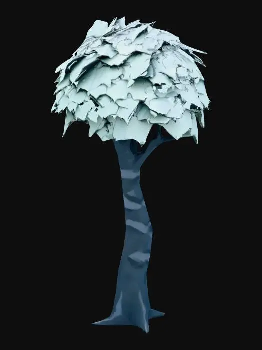 3D model for A grand 3D render of a Tessellation Bark Tree, with a dark charcoal trunk and branches entirely covered in seamlessly interlocking geometric tile patterns. Its broad, flat canopy is comprised of countless tessellated leaves in muted blues and silvers, forming a cohesive geometric mosaic. The design is simple yet intricate, with no VFX, isolated against a crisp white background.