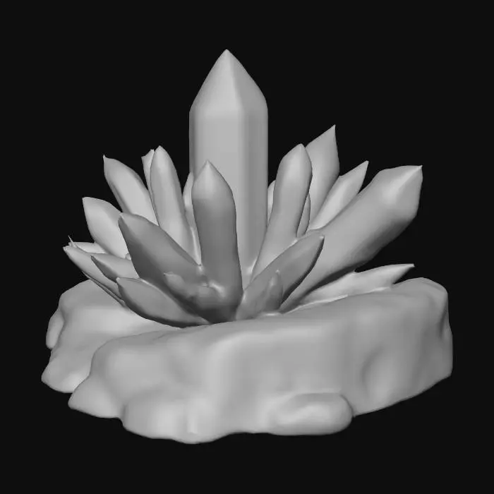 3D model for "a stylized fantasy crystal ore cluster emerging from rock, glowing softly, game-ready 3D render, detailed geometry, colored reflections, ambient rimlight, isolated on neutral background, photorealistic lighting, stylized like Roblox resource node"