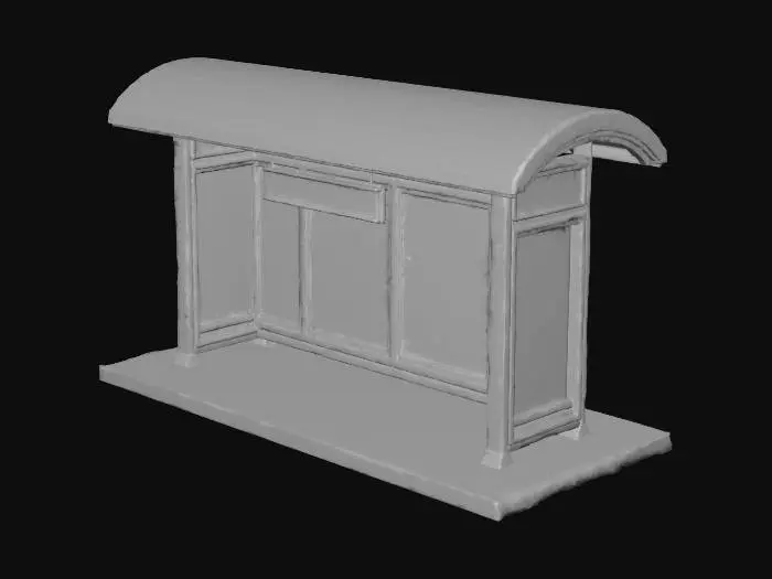 3D model for potrzebuje zebys wygenerował przystanek autobusowy, koniecznie niech bedzie zaśnieżony, dach półokrągły z plexy, z widocznym rozkładem jazdy