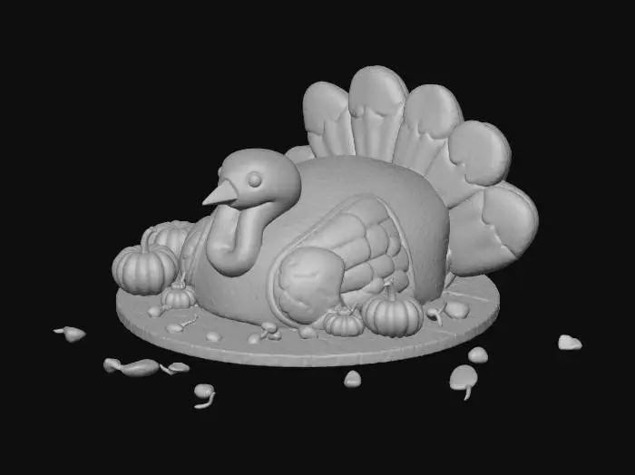 3D model for ciasto w kształcie głowy indyka, pokolorwane ciepłymi kolorami, przekrojone, w środku różne kolory ciasta, małe fasolki i dynie naokoło talerza, niech będzie jak z bajki animowanej