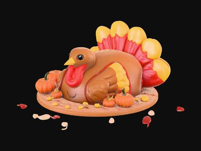 3D model for ciasto w kształcie głowy indyka, pokolorwane ciepłymi kolorami, przekrojone, w środku różne kolory ciasta, małe fasolki i dynie naokoło talerza, niech będzie jak z bajki animowanej