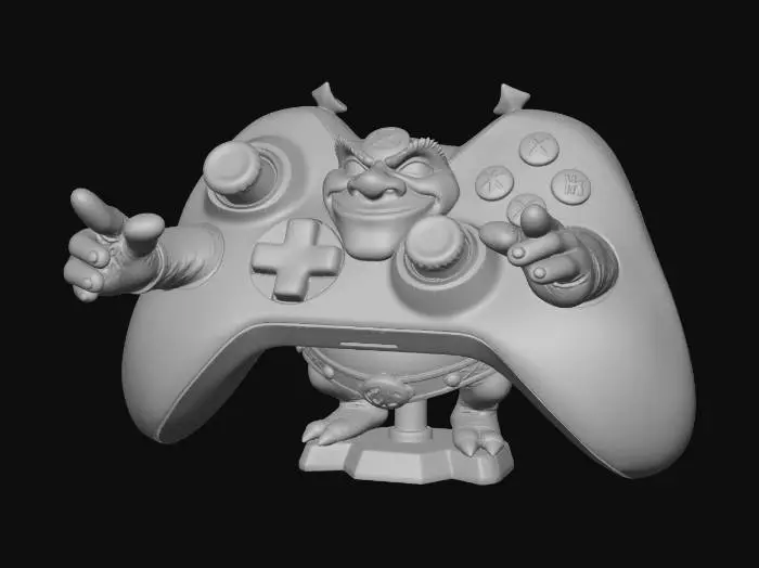 3D model for wytwórz mi uchwyt na pada do xboxa, niech to będzie postać ciastka ze shreka w nieco zmienionej wersji - heavy metalowej
, powinien mieć wyciągnięte łapy i miejsce na pada powinno być przed nim, stworz dla niego rowniez baze, zeby zdołał unieść sam joystick