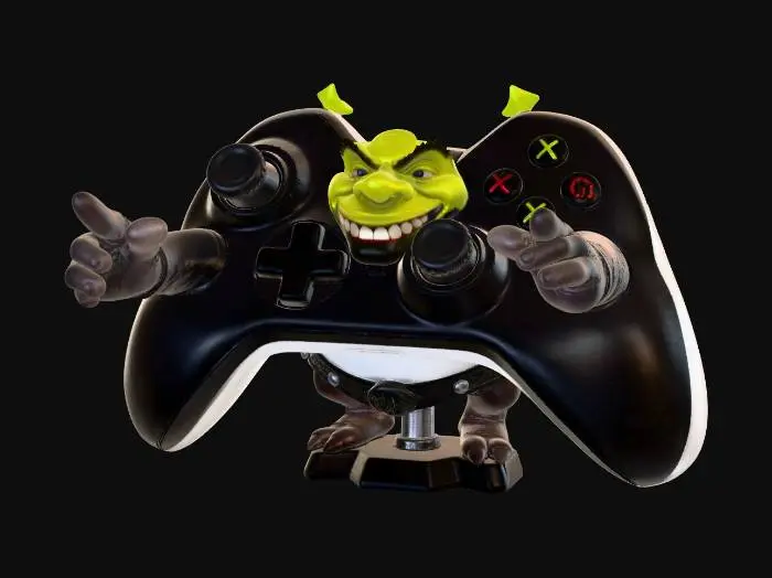 3D model for wytwórz mi uchwyt na pada do xboxa, niech to będzie postać ciastka ze shreka w nieco zmienionej wersji - heavy metalowej
, powinien mieć wyciągnięte łapy i miejsce na pada powinno być przed nim, stworz dla niego rowniez baze, zeby zdołał unieść sam joystick