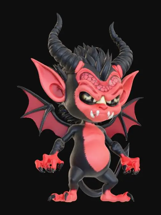3D model for Zrób mi małego demonka, w cartonowej wersji, chce aby na twarzy miał wypisany gniew, zabawiakowy wygląd i szpony na łapach, niech posiada łuski i diabelskie poszarpane od walki skrzydła