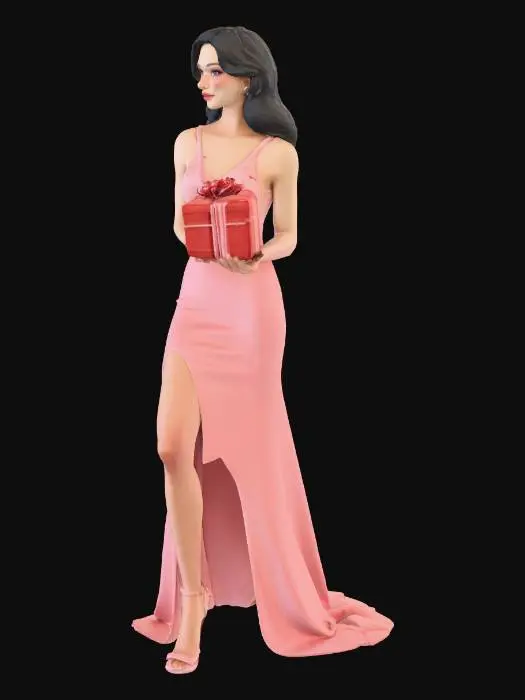 3D model for Wygeneruj ładną panią w ponętnym stroju z piersiami na wierzchu która zachęca do pokazania swoich walorów, niech będzie trzymała ładnie zapakowany prezent.
