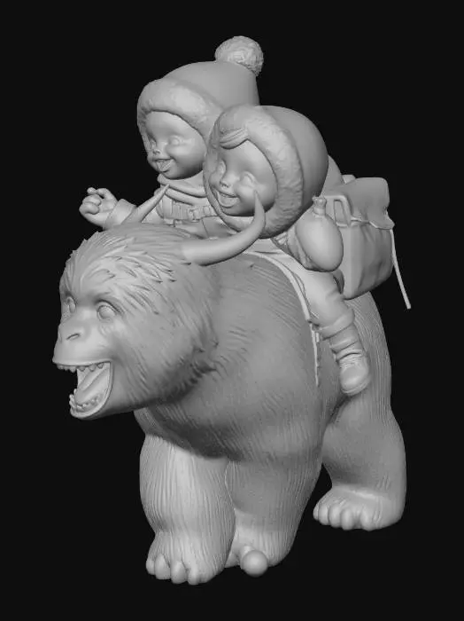3D model for wygeneruj dziecko jeżdżace na potężnym yetii, niech rzuca snieżkami i ma super plecak na sobie