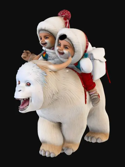 3D model for wygeneruj dziecko jeżdżace na potężnym yetii, niech rzuca snieżkami i ma super plecak na sobie