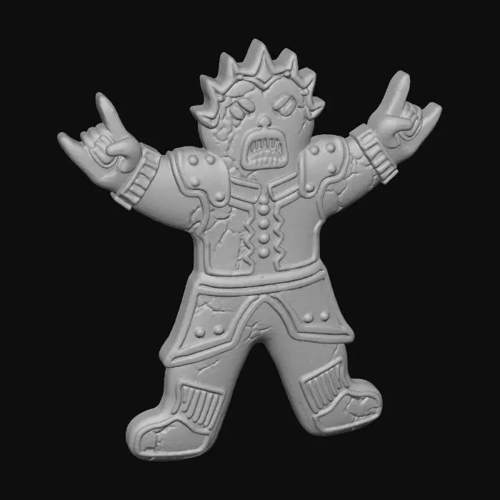 3D model for Piernik w ksztalcie ludzika, ala ciastek, tylko z rękami wyciągniętymi, palce  wskazujące heavy metal i z wyraźnym okrzykiem bojowym na twarzy