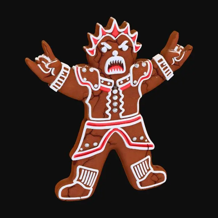 3D model for Piernik w ksztalcie ludzika, ala ciastek, tylko z rękami wyciągniętymi, palce  wskazujące heavy metal i z wyraźnym okrzykiem bojowym na twarzy