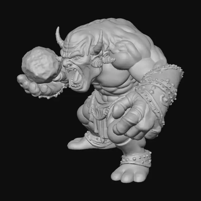 3D model for stwórz kamiennego golema, z poteznymi rysami twarzy, niech bedzie w bojowym nastawieniu, rzucający jakimś potężnym głazem, wyraźne warstwy kamienia widoczne na całym ciele, niech będzie rodem z bajki