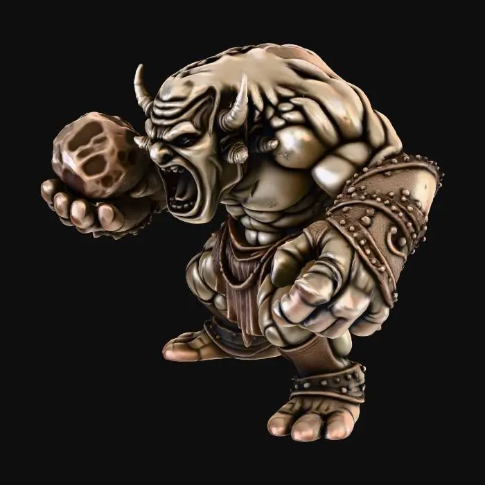 3D model for stwórz kamiennego golema, z poteznymi rysami twarzy, niech bedzie w bojowym nastawieniu, rzucający jakimś potężnym głazem, wyraźne warstwy kamienia widoczne na całym ciele, niech będzie rodem z bajki