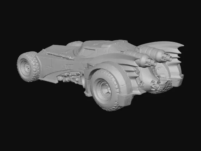 3D model for Una miniatura dettagliata della Batmobile, scolpita in resina composita nera opaca con accenti in metallo brunito. Presenta linee aggressive e un profilo aerodinamico, con una carrozzeria corazzata e pannelli finemente definiti. L'abitacolo è in vetro fumé, le ruote massicce hanno battistrada scolpiti e bordi rossi. Le turbine posteriori e i cannoni laterali sono in argento lucido. La superficie è liscia al tatto, ma l'aspetto complessivo è robusto e minaccioso, con dettagli precisi.
