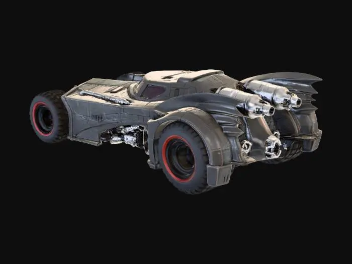 3D model for Una miniatura dettagliata della Batmobile, scolpita in resina composita nera opaca con accenti in metallo brunito. Presenta linee aggressive e un profilo aerodinamico, con una carrozzeria corazzata e pannelli finemente definiti. L'abitacolo è in vetro fumé, le ruote massicce hanno battistrada scolpiti e bordi rossi. Le turbine posteriori e i cannoni laterali sono in argento lucido. La superficie è liscia al tatto, ma l'aspetto complessivo è robusto e minaccioso, con dettagli precisi.