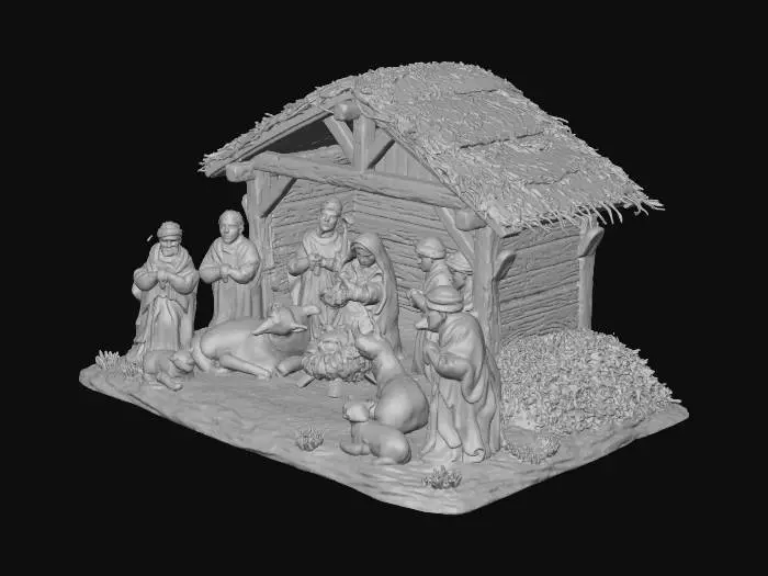 3D model for Una miniatura dettagliata di un presepe tradizionale, con figure scolpite in argilla policroma e dipinte a mano con colori tenui e naturali: marroni terrosi, verdi muschio e blu cielo. La capanna è realizzata in legno rustico e paglia secca, con texture ruvide e autentiche. Le vesti dei personaggi hanno leggere pieghe che imitano il tessuto. Gli animali, come il bue e l'asinello, presentano pellicce dettagliate e realistiche, il tutto con una finitura opaca che esalta l'atmosfera serena e antica.