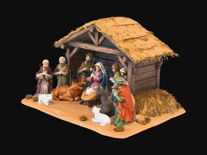 3D model for Una miniatura dettagliata di un presepe tradizionale, con figure scolpite in argilla policroma e dipinte a mano con colori tenui e naturali: marroni terrosi, verdi muschio e blu cielo. La capanna è realizzata in legno rustico e paglia secca, con texture ruvide e autentiche. Le vesti dei personaggi hanno leggere pieghe che imitano il tessuto. Gli animali, come il bue e l'asinello, presentano pellicce dettagliate e realistiche, il tutto con una finitura opaca che esalta l'atmosfera serena e antica.